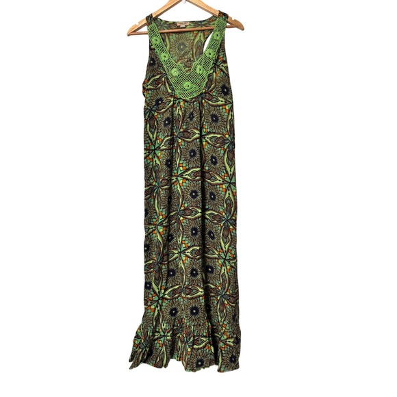 ONE WORLD Dresses & Skirts - One World Crochet Neck Maxi‎ Dress Women's Medium Green Floral Print Sleeveless